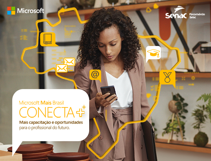 Mulher negra de cabela baixa vendo um celular. Ela está em um ambiente de escritório, saindo de um mapa do Brasil